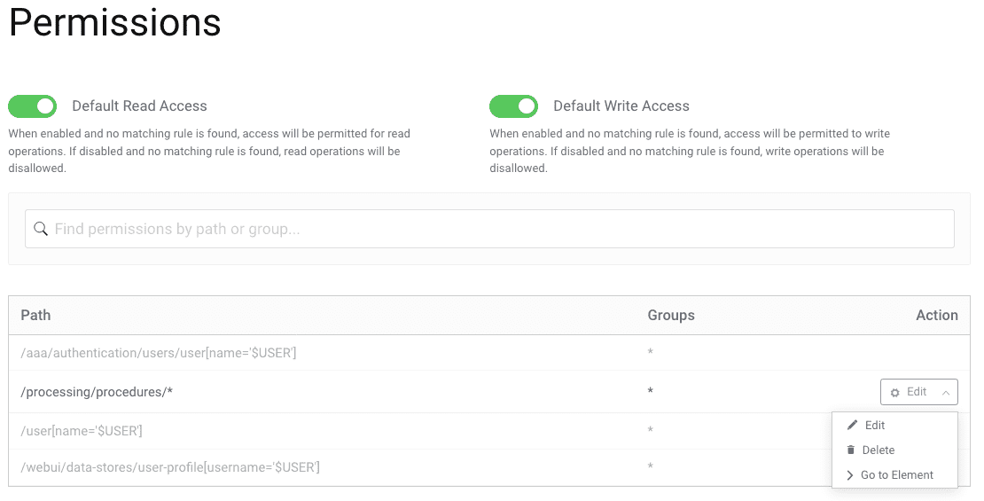 Permissions page showing default access, readonly rules and an editable rule with its Actions menu