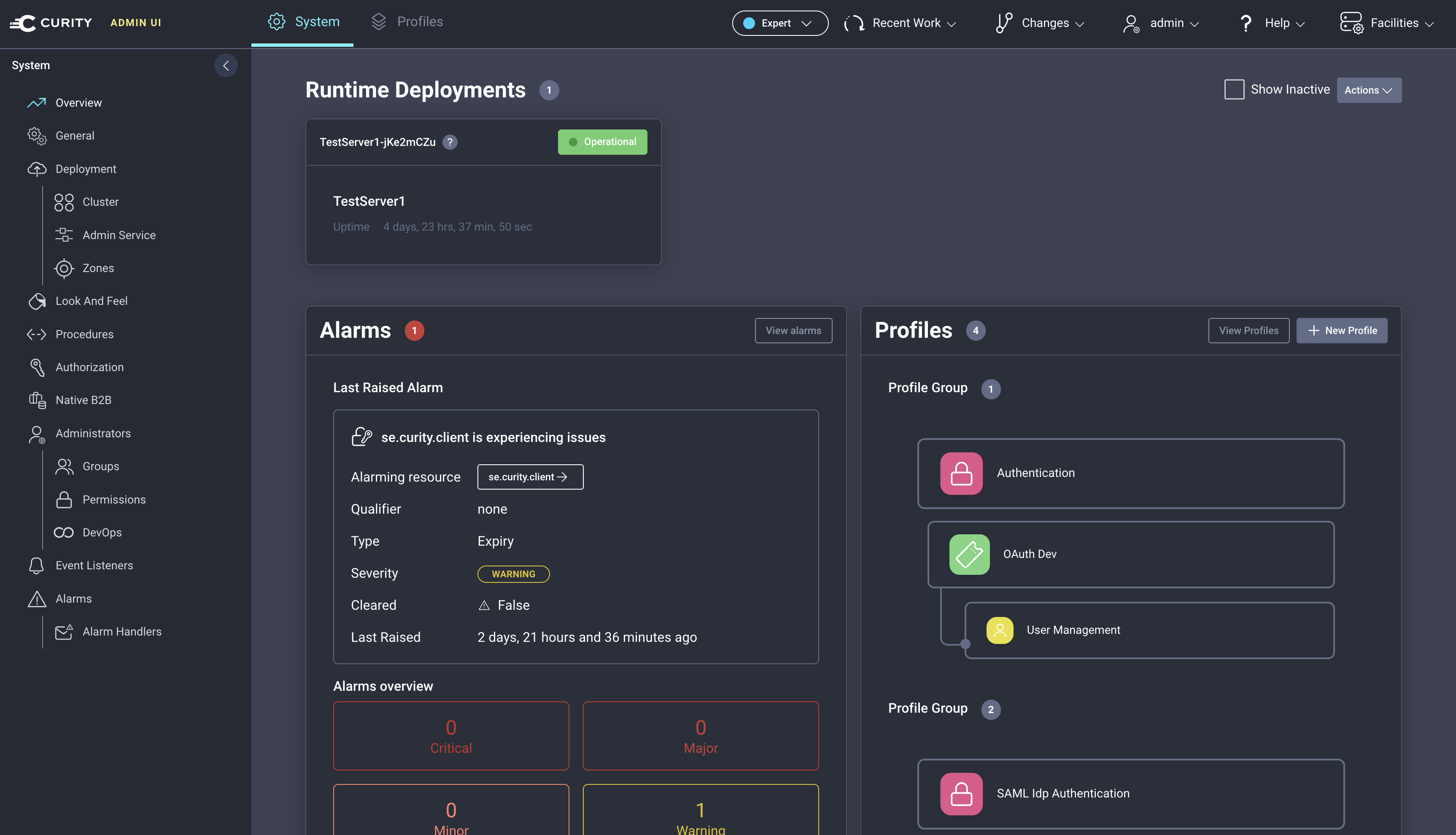 Main screen of the Admin Web UI