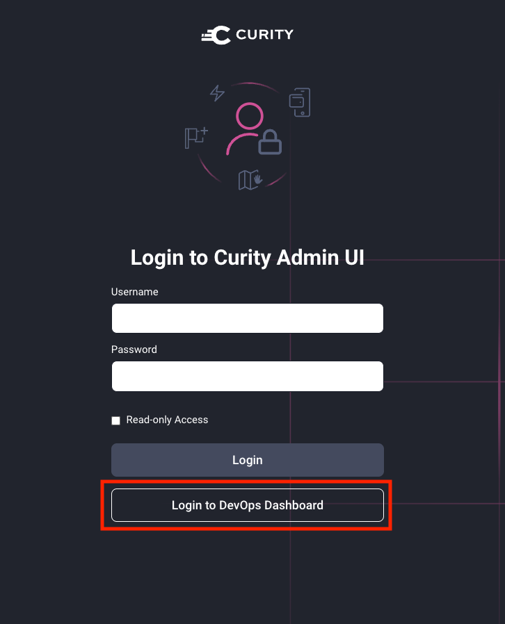 Admin UI login screen with a button to the DevOps Dashboard when it is enabled