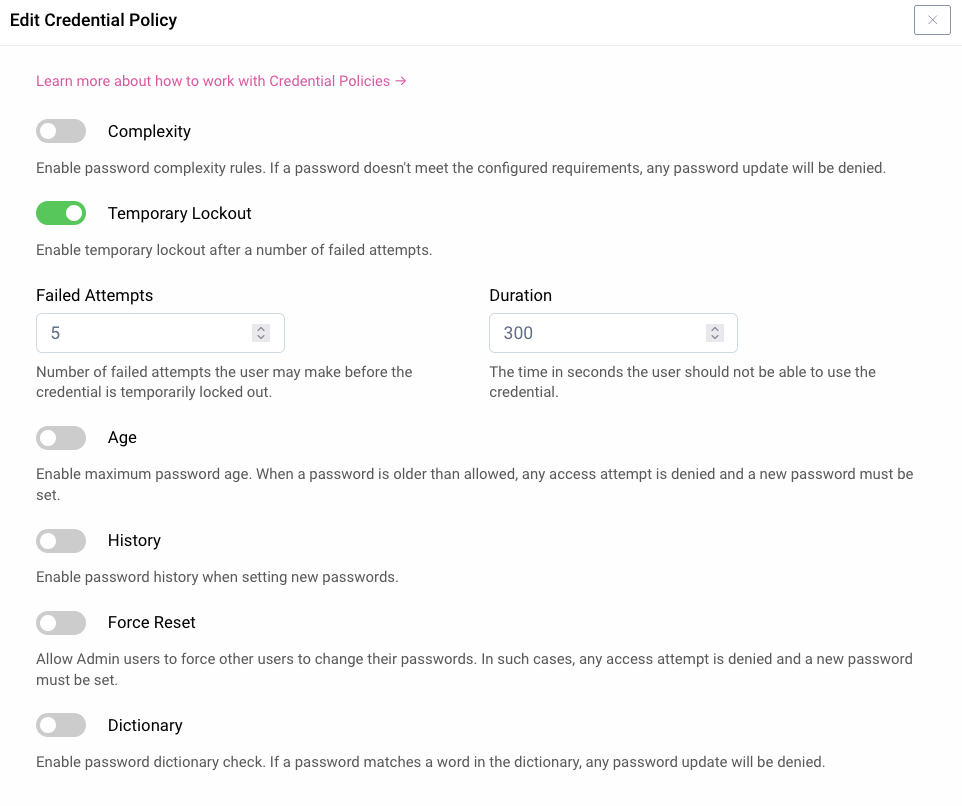Configuring a credential policy in Facilities
