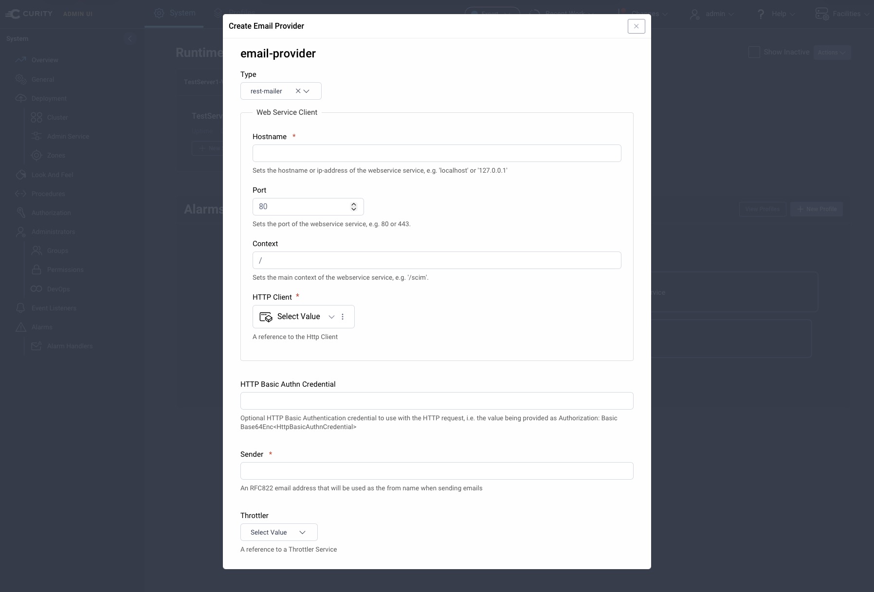Configuring a REST Email Provider facility in the Curity Admin UI