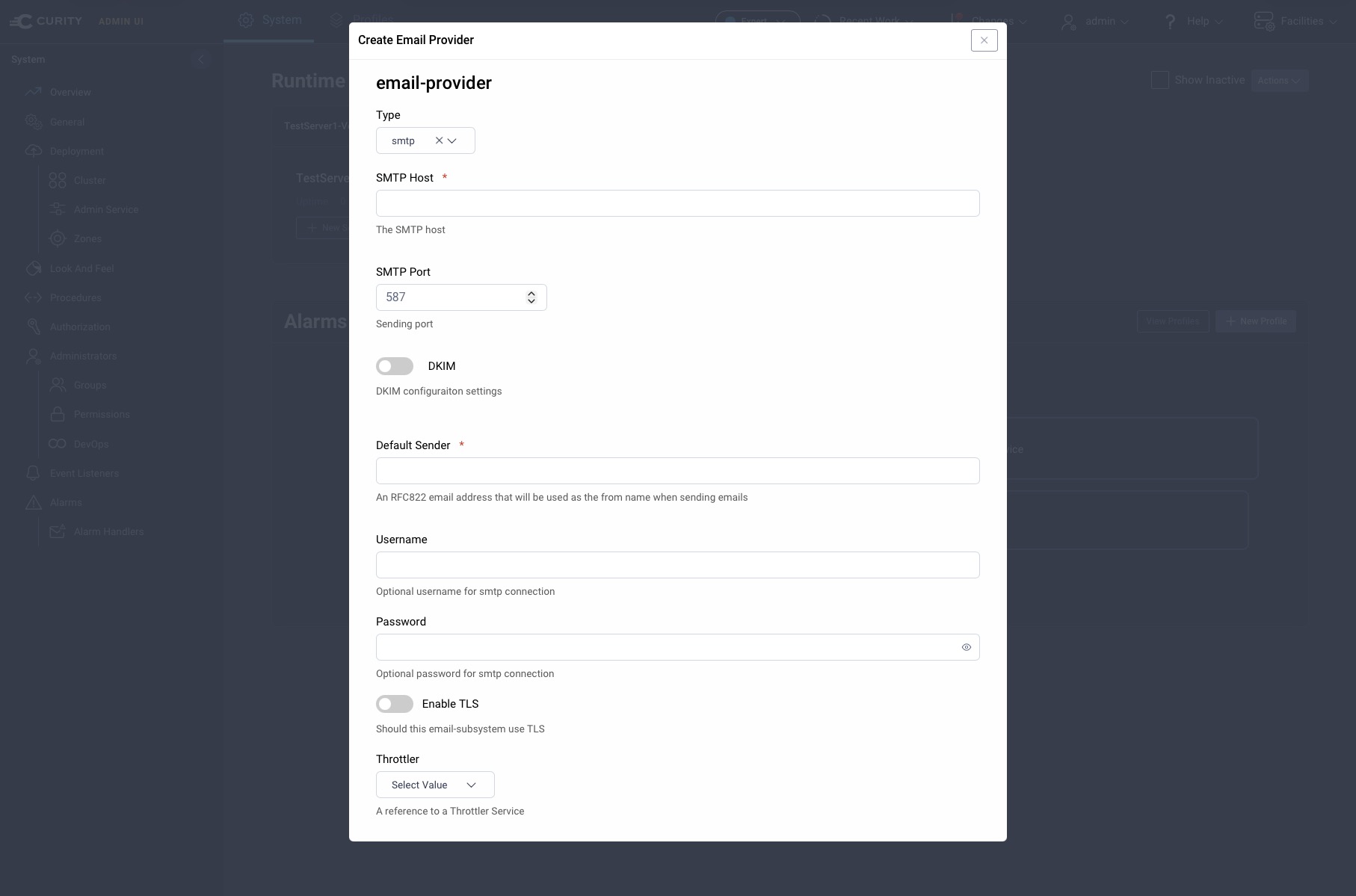 Configuring an SMTP Email Provider facility in the Curity Admin UI