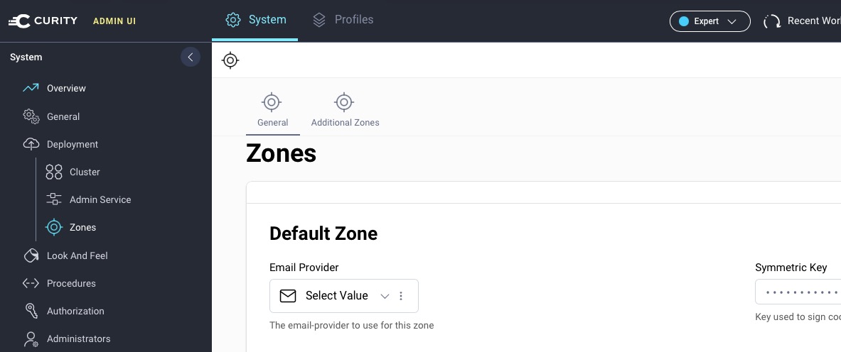 Setting up the default email provider for a zone in the Admin UI of Curity