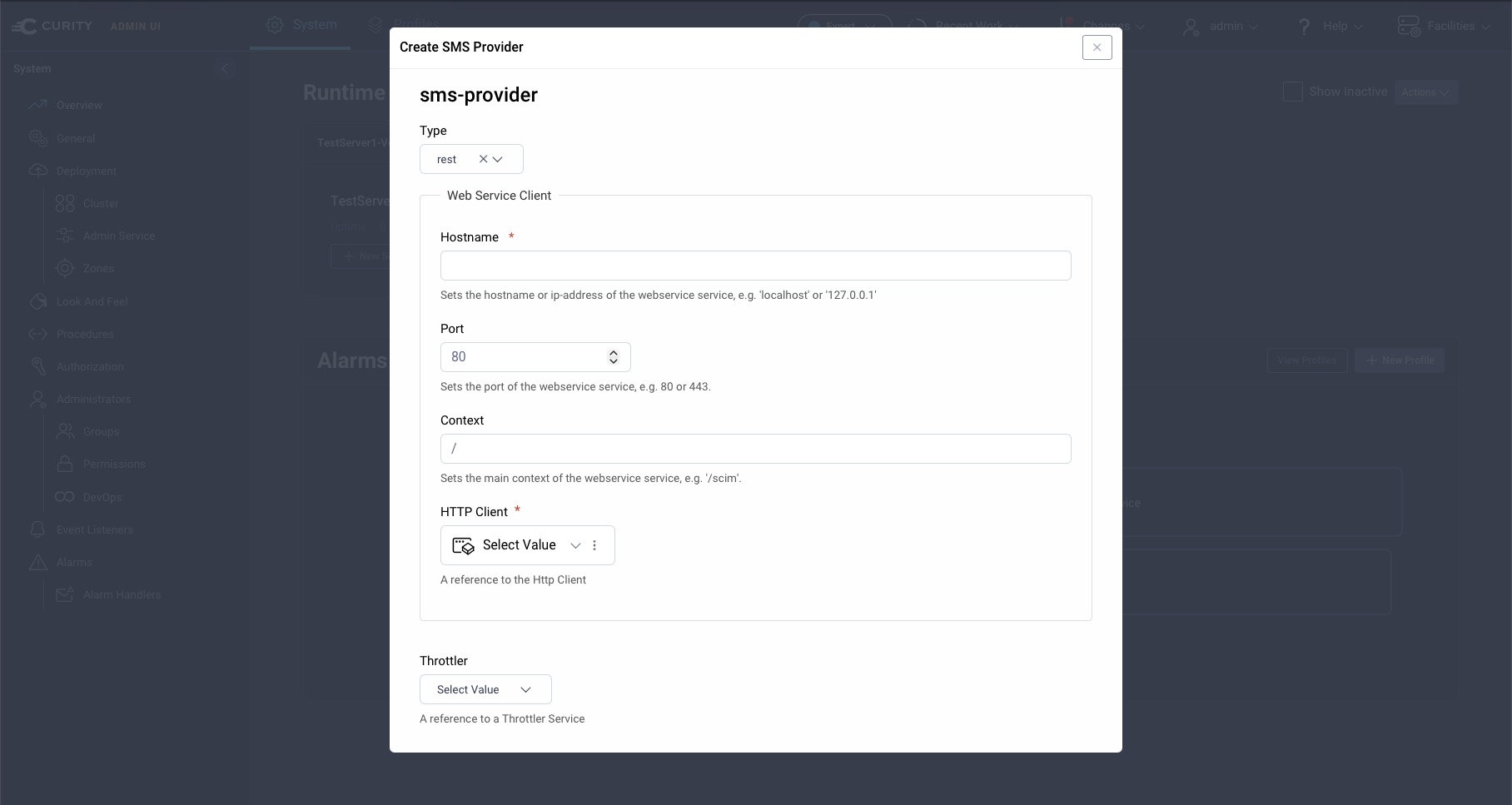 Configuring a REST SMS Provider facility in the Curity Admin UI
