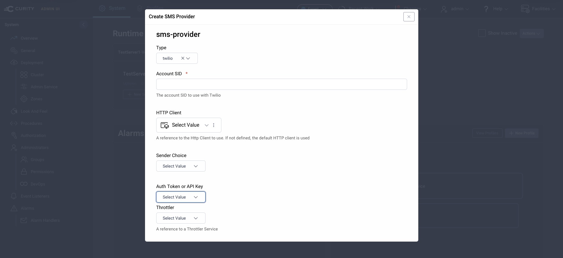 Configuring a Twilio SMS Provider facility in the Curity Admin UI