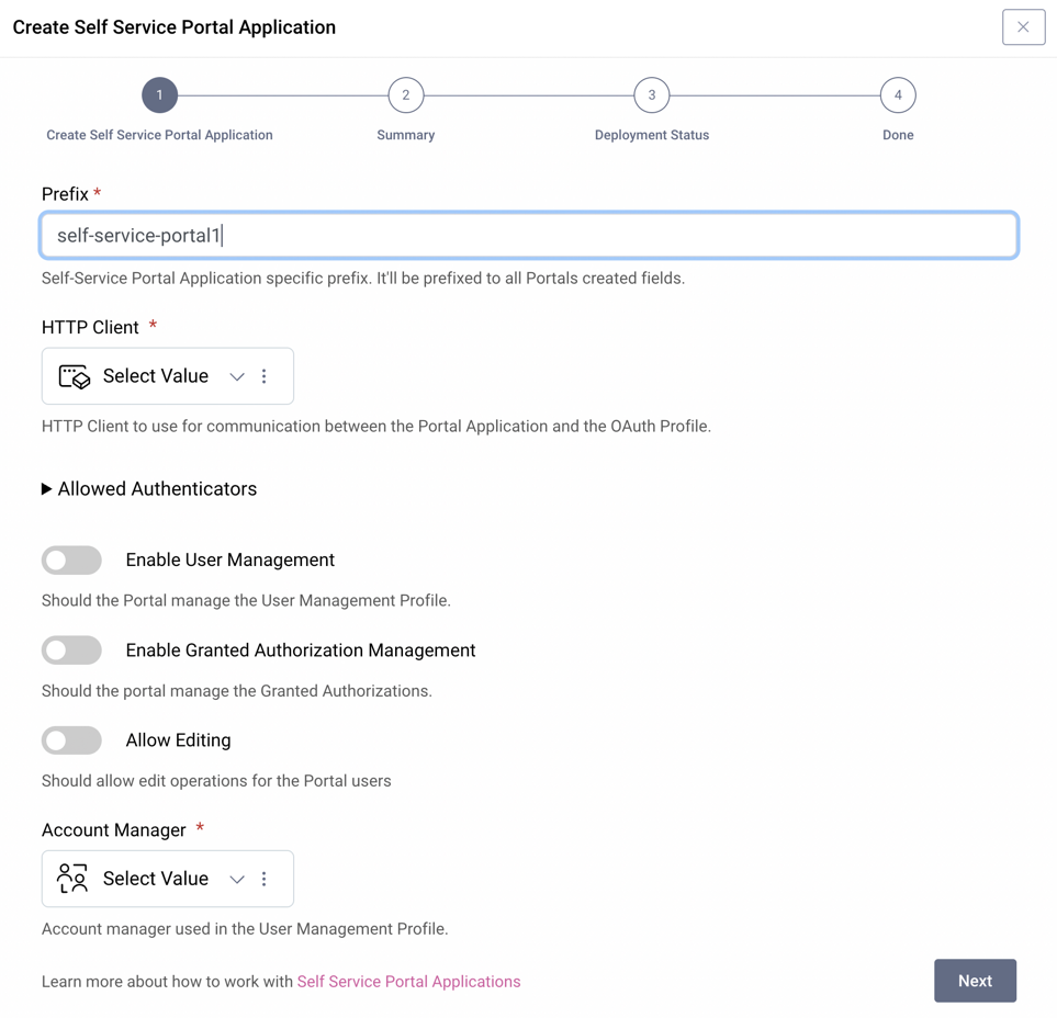 1st step to configure a Self-Service Portal application