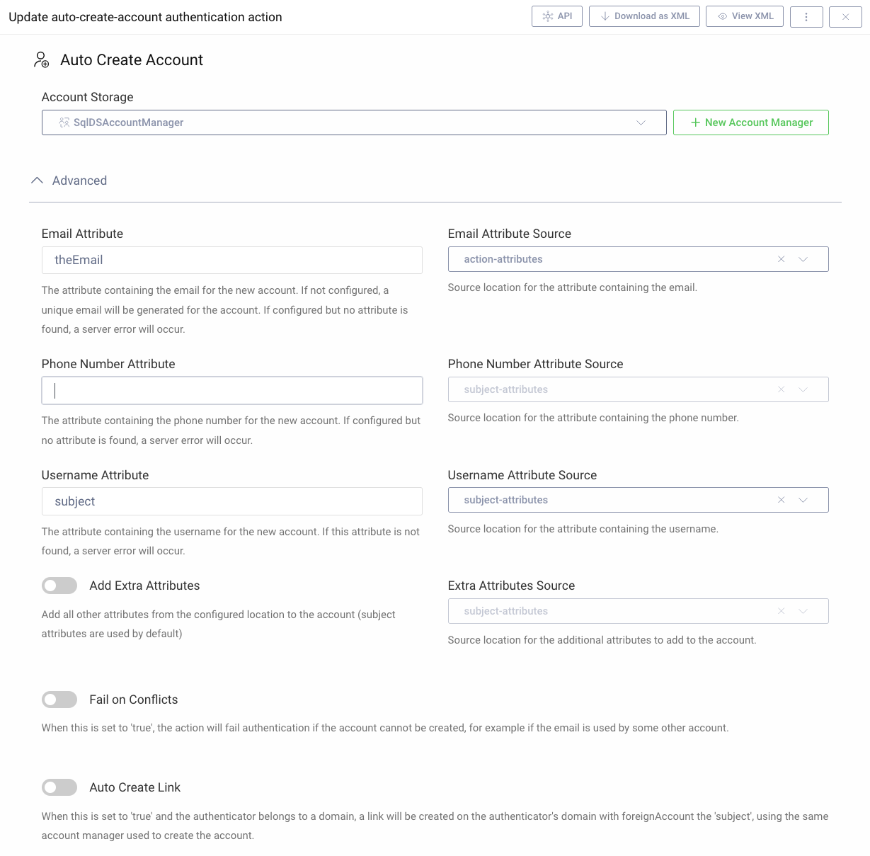 Auto Create Account configuration dialog