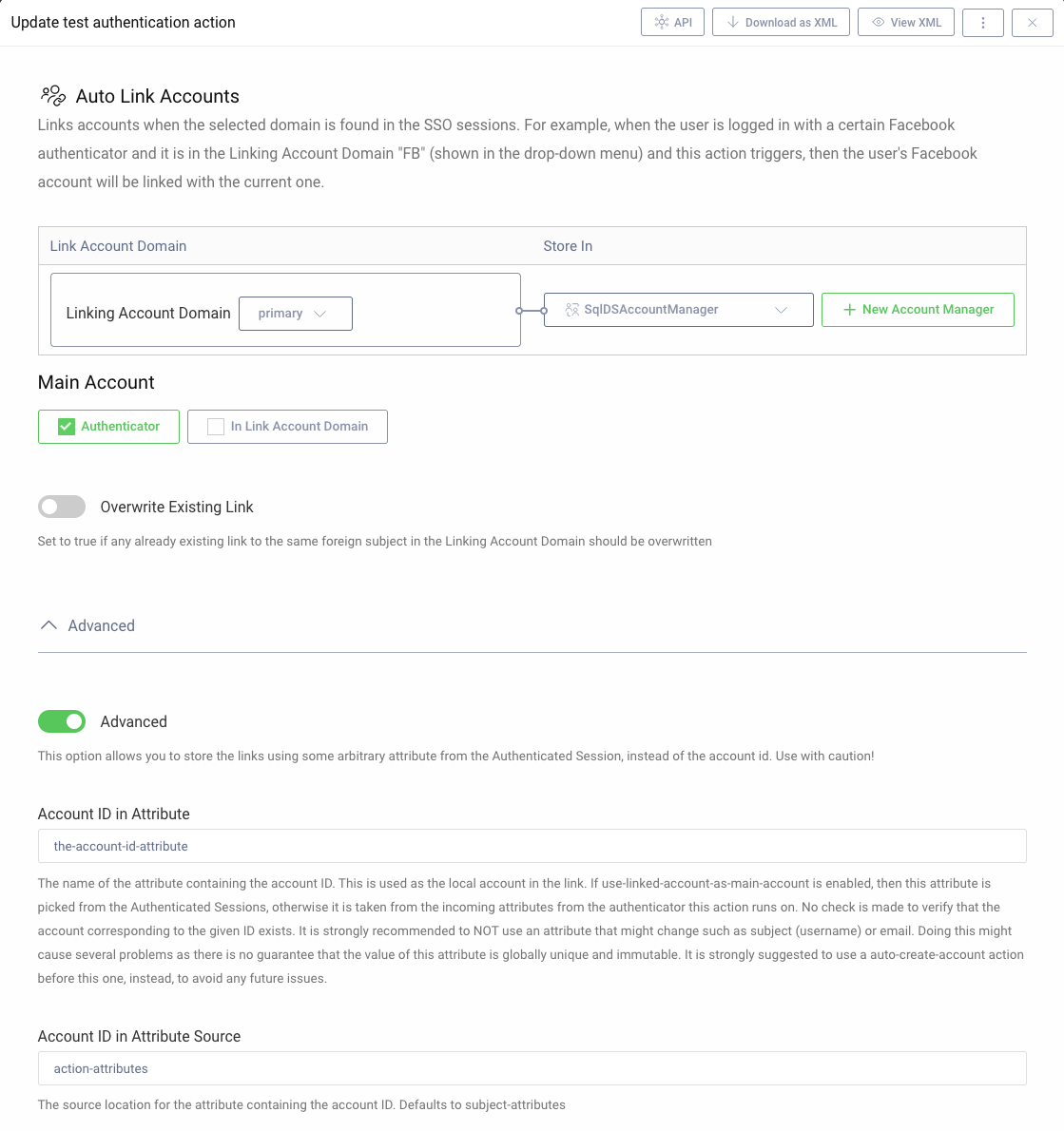 Auto Link Account Configuration Dialog