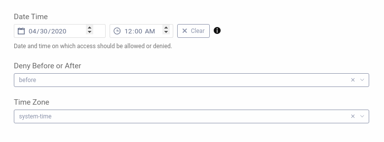 Configuring the date/time-based deny action in the admin UI