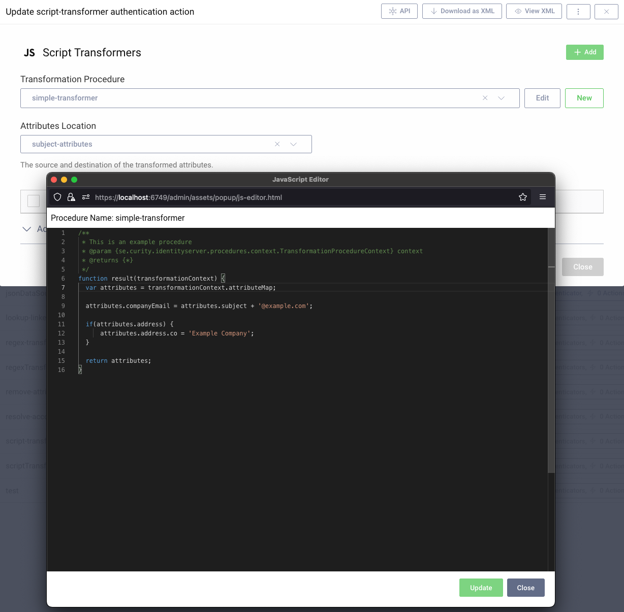 Script transformer configuration