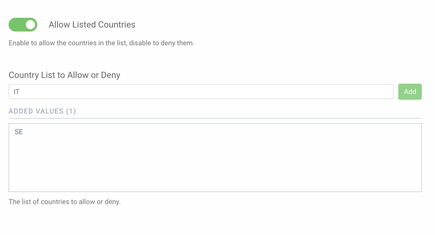 Allow or Deny Country Action Configuration Dialog