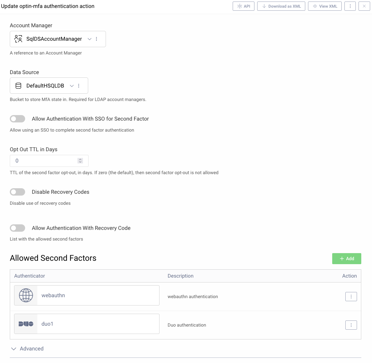 Configuration screen for Opt-in MFA