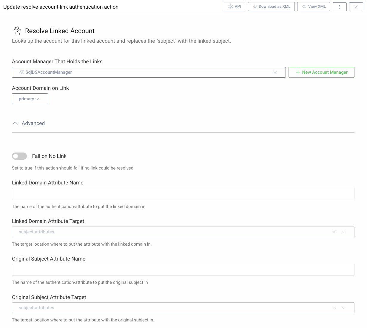 Resolve Link Action configuration