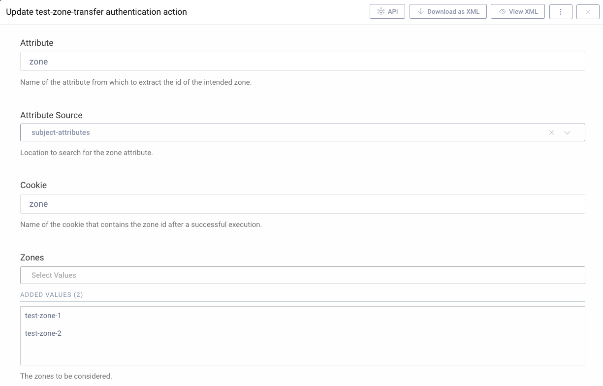 Configuring the zone transfer action in the admin UI
