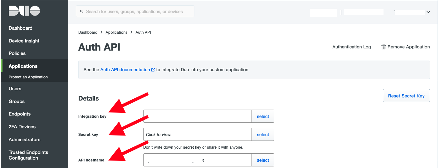 Auth API configuration in the Duo admin console