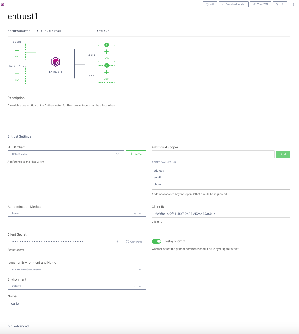Overview of the Entrust IDaaS authenticator settings in the admin UI