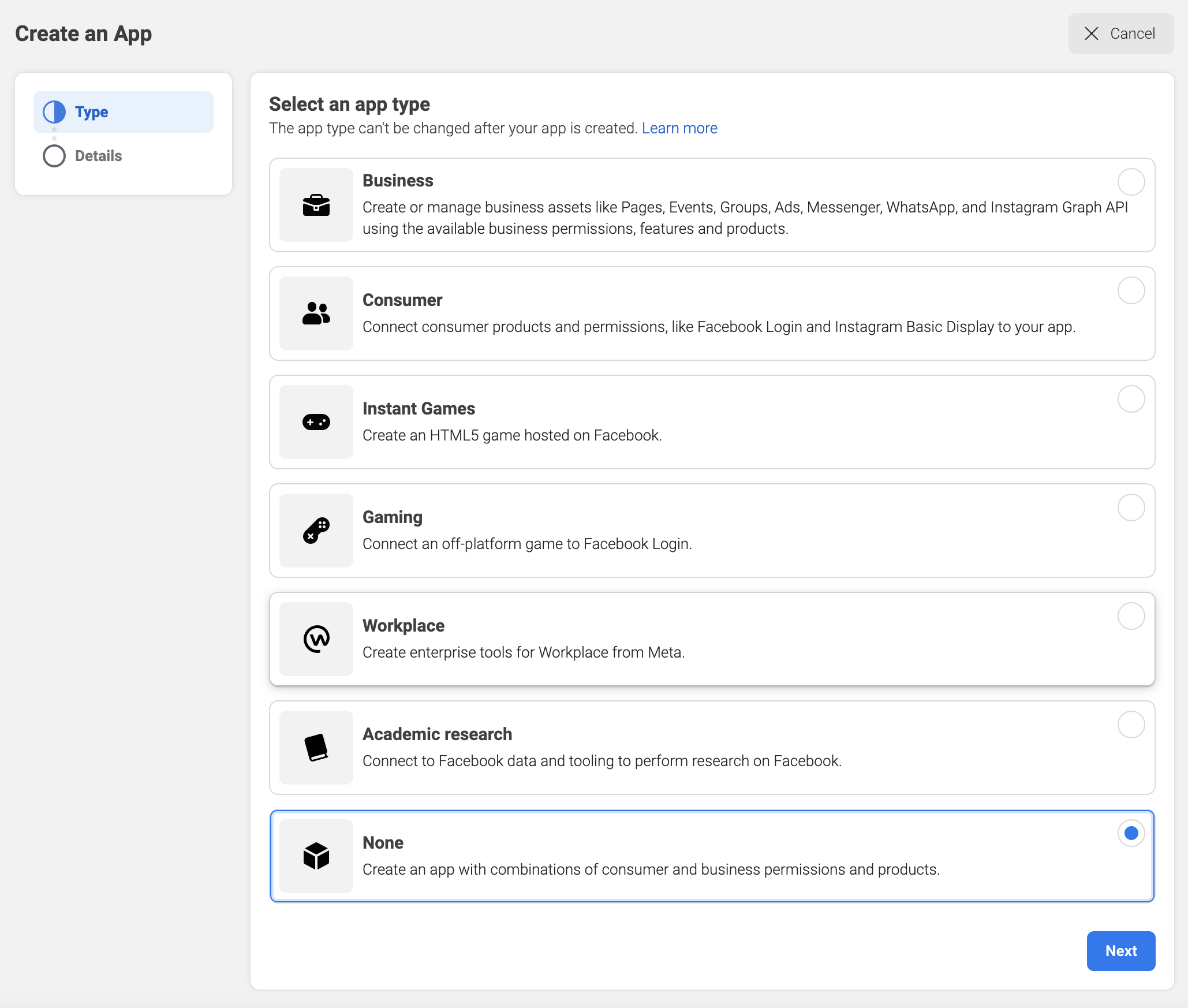 Facebook - Select App Type