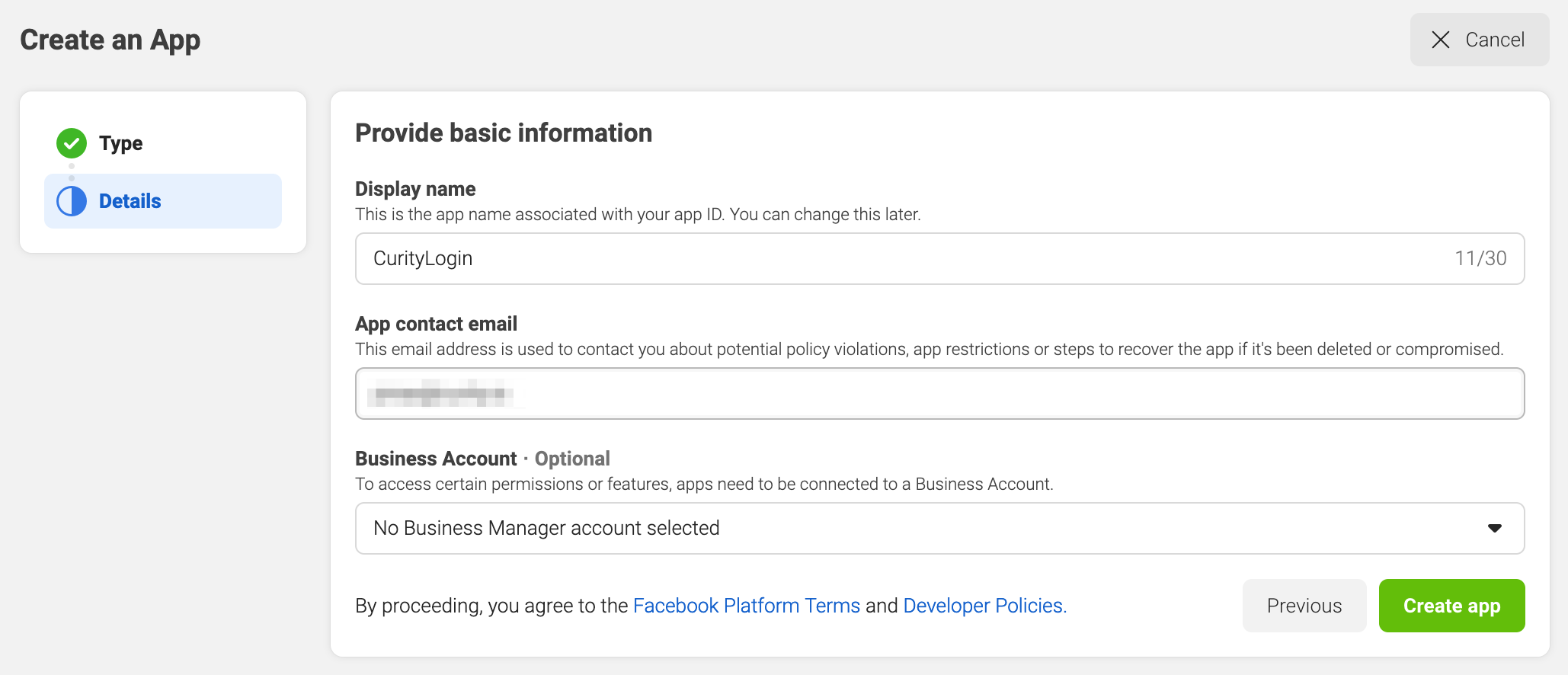 Facebook - Create new Facebook app