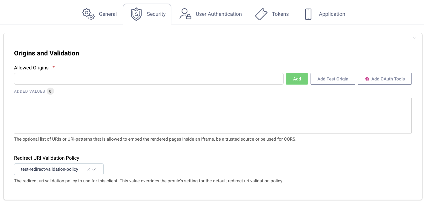 Client configuration including a Redirect URI Validation Policy