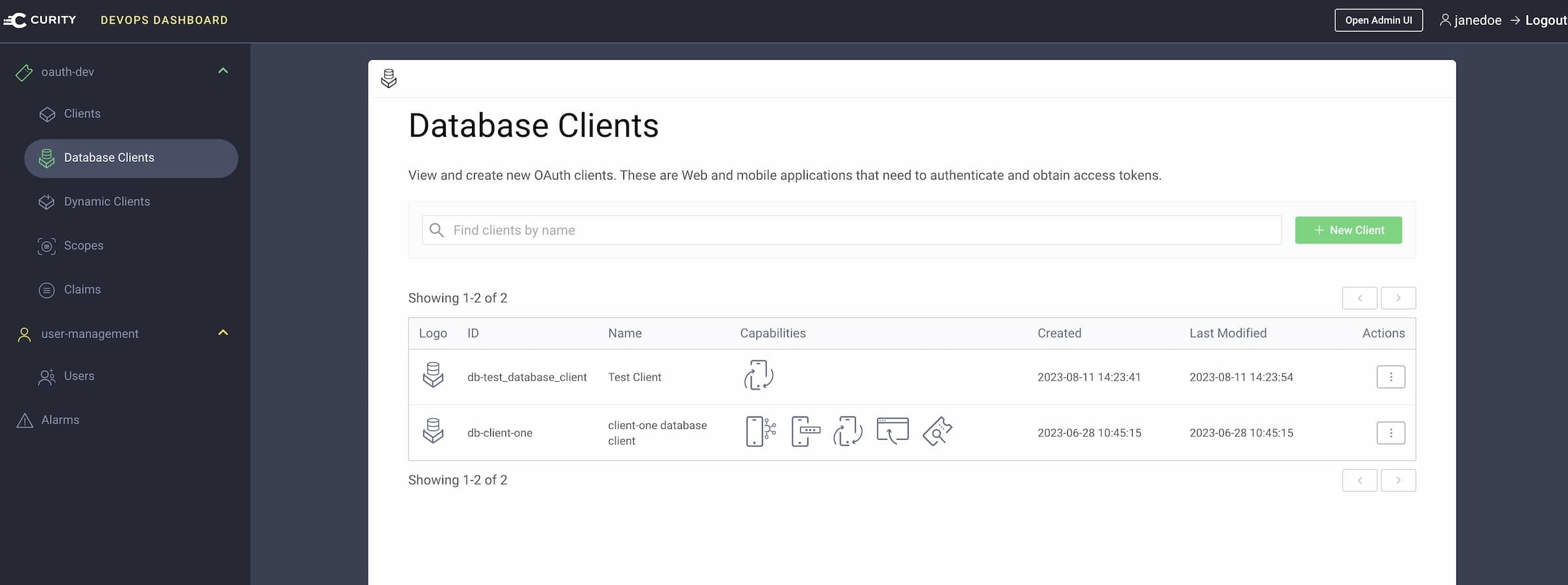 Displaying a few Database Clients in the DevOps Dashboard (Curity version 8.4)