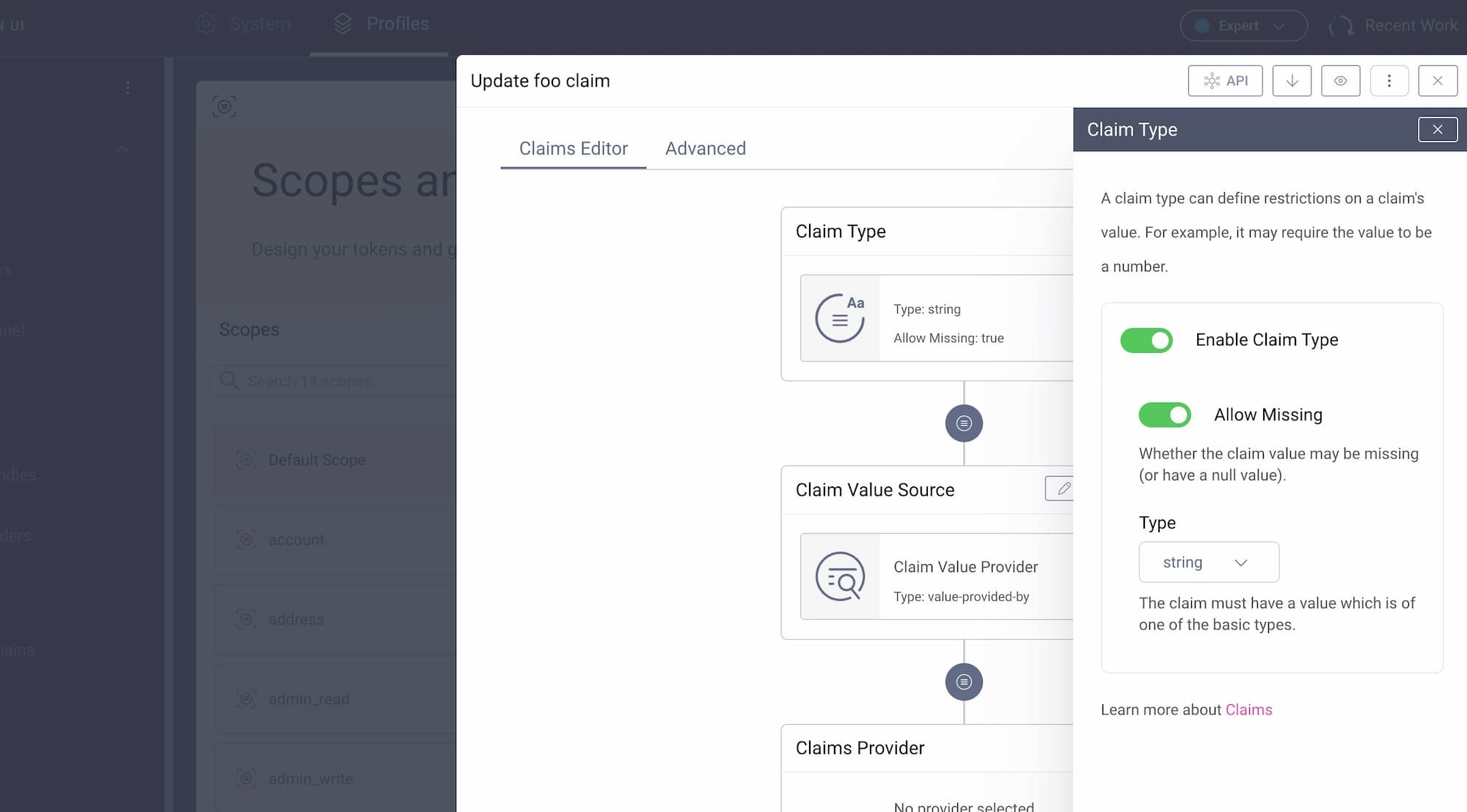 Configuring a claim to only allow string values and null