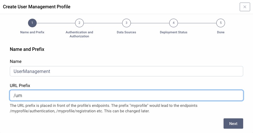 Create User Management profile - set name and prefix