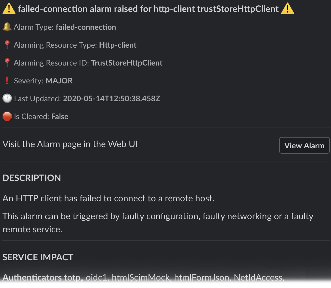 Slack message generated by alarm handler