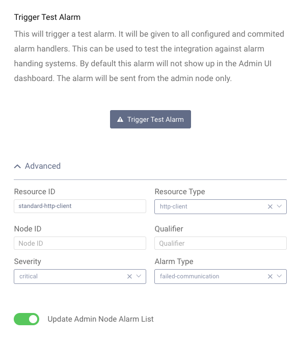 Trigger a test alarm options