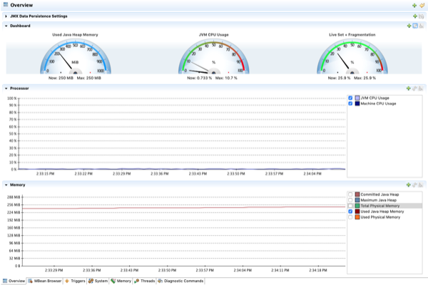 Dashboard showing memory, JVM CPU, remaining heap memory, and other aspects of the running instance of Curity