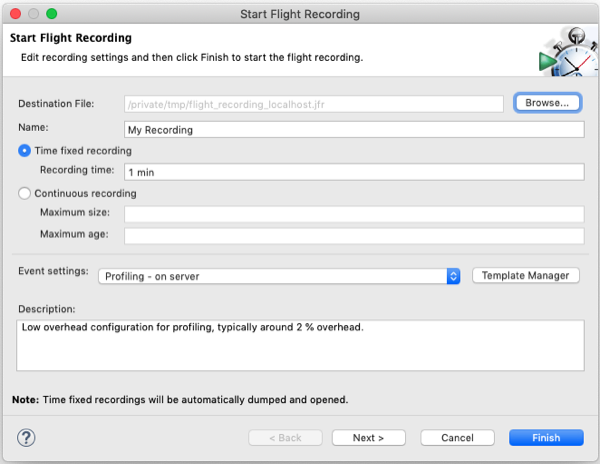 Starting a recording of the performance of an instance of Curity using Java Mission Control
