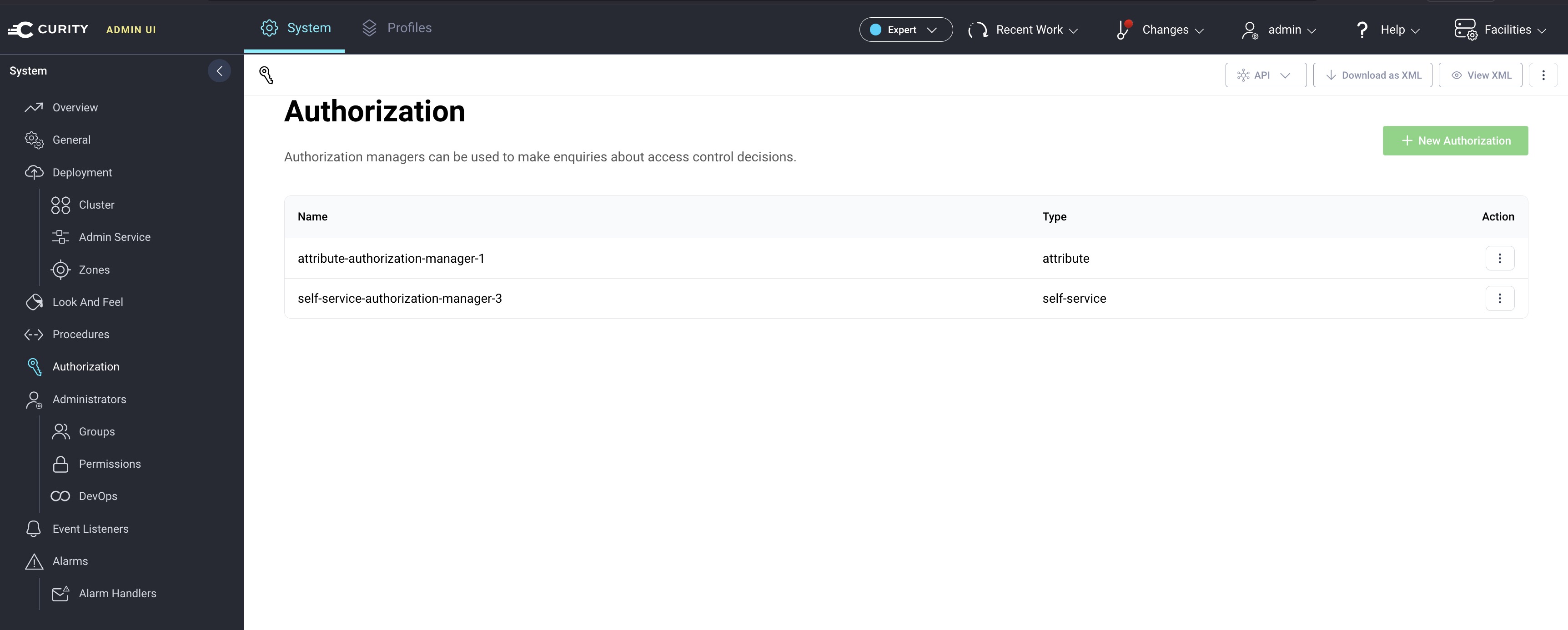 List with configured authorization manager instances