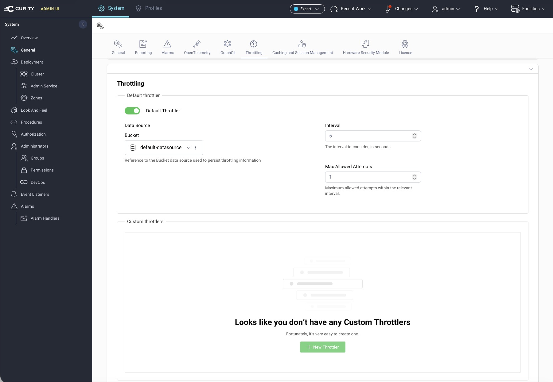 Default throttler management in Curity Admin UI