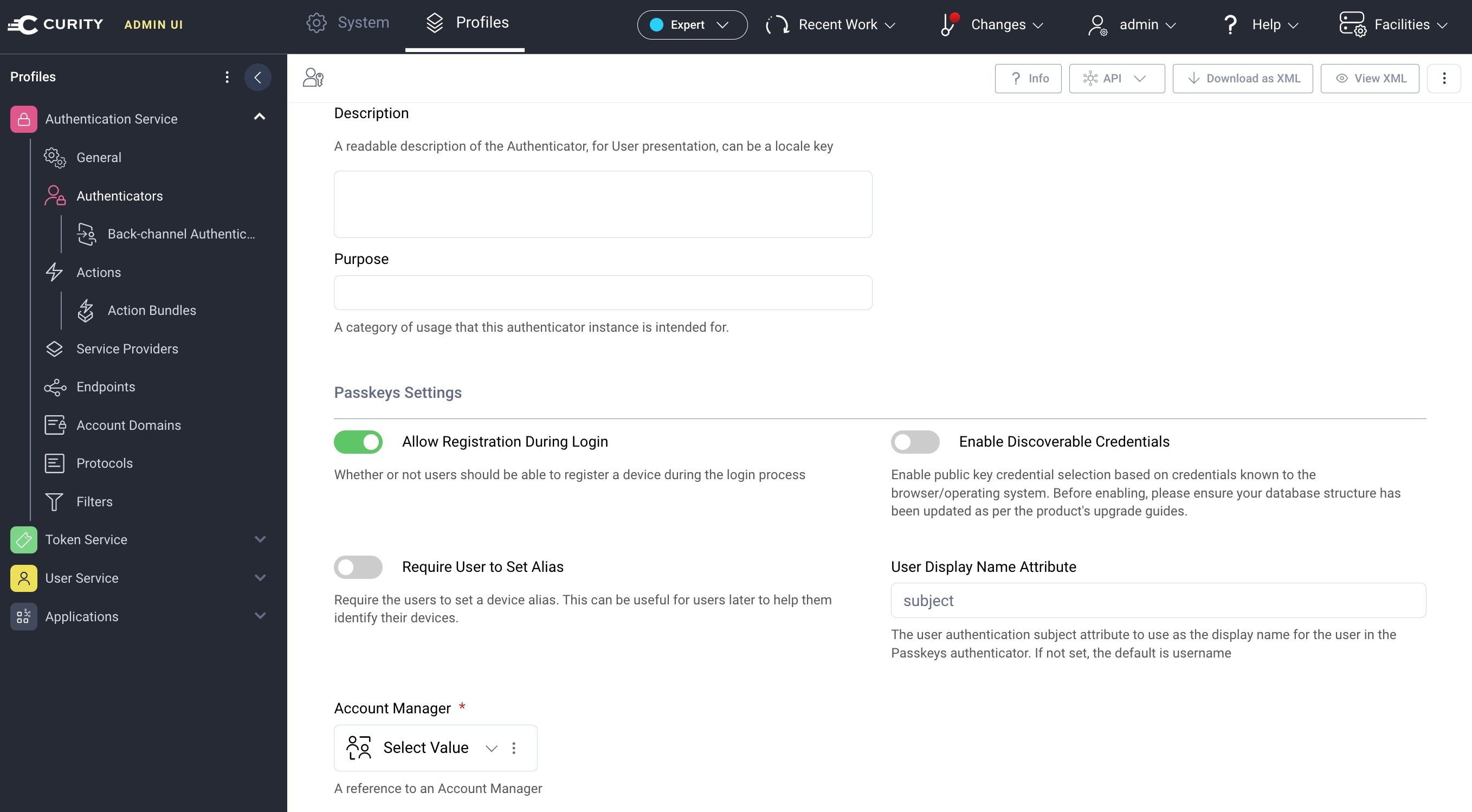 Default settings for the passkeys authenticator