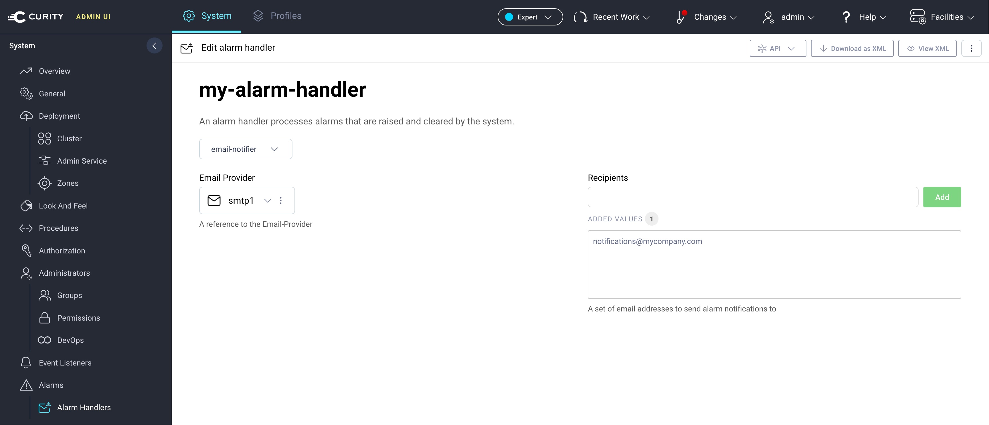 Configuring an email alarm handler