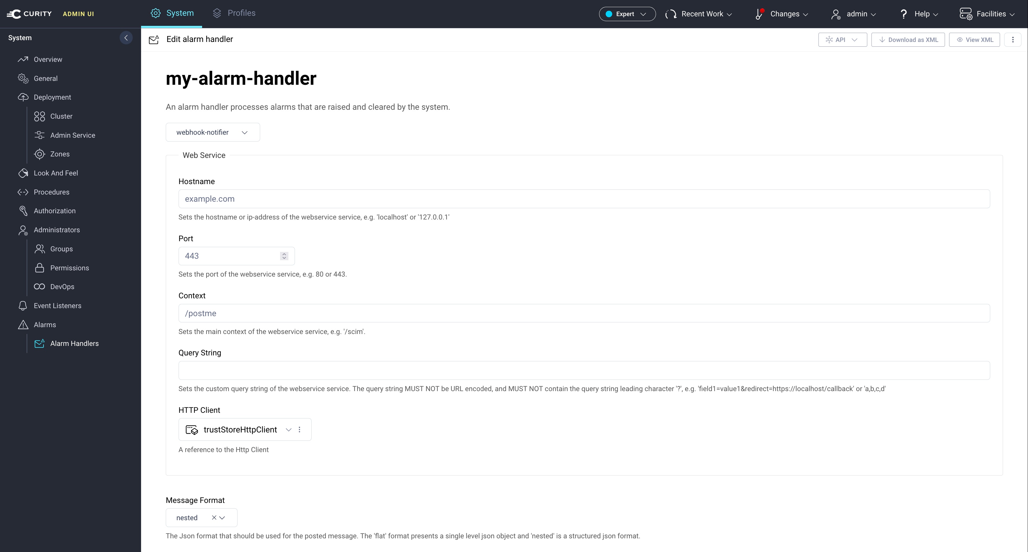Configuring a webhook alarm handler