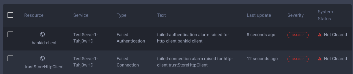 Main dashboard alarm list