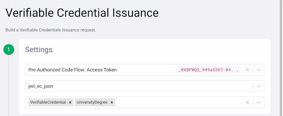 Settings for Verifiable Credentials Issuance Request