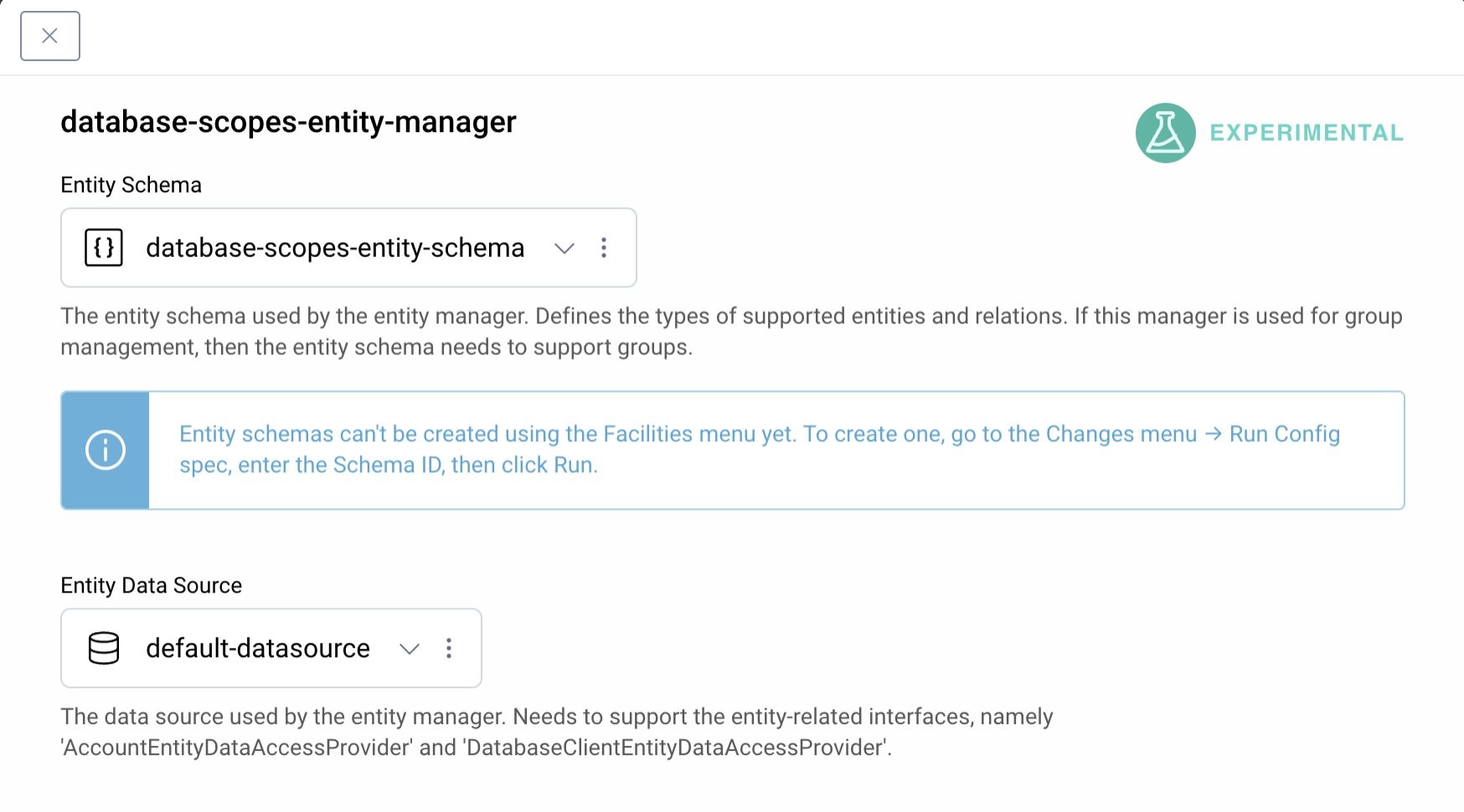 Screen for editing entity managers with a drop down menus for the entity schema and the data source. For the entity schema the selected value is "database-scopes-entity-schema". For the data source the selected value is "default-datasource".