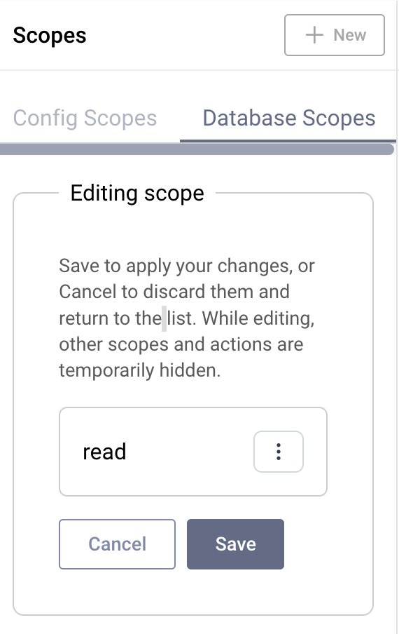 Part of the Admin UI that shows the edit view of the database scope called "read". Under the scope name there are two buttons for cancelling and saving the changes.