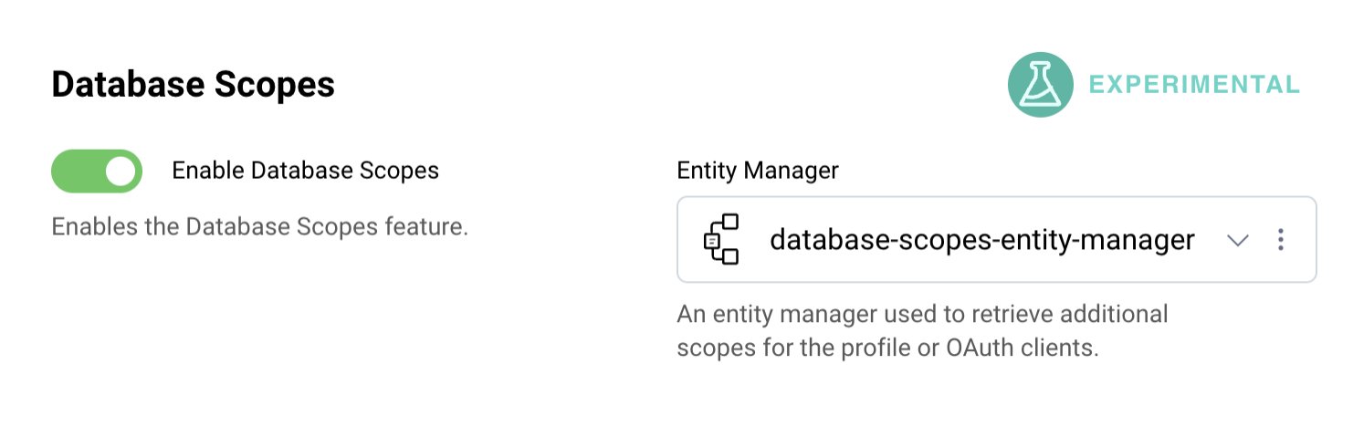 Part of the Admin UI that shows the settings of the token profile page to enable the database scopes. On the left, there is an active toggle that enables the database scopes for the profile and on the right it has a drop down for the entity manager. The selected entity manager is "database-scopes-entity-manager".