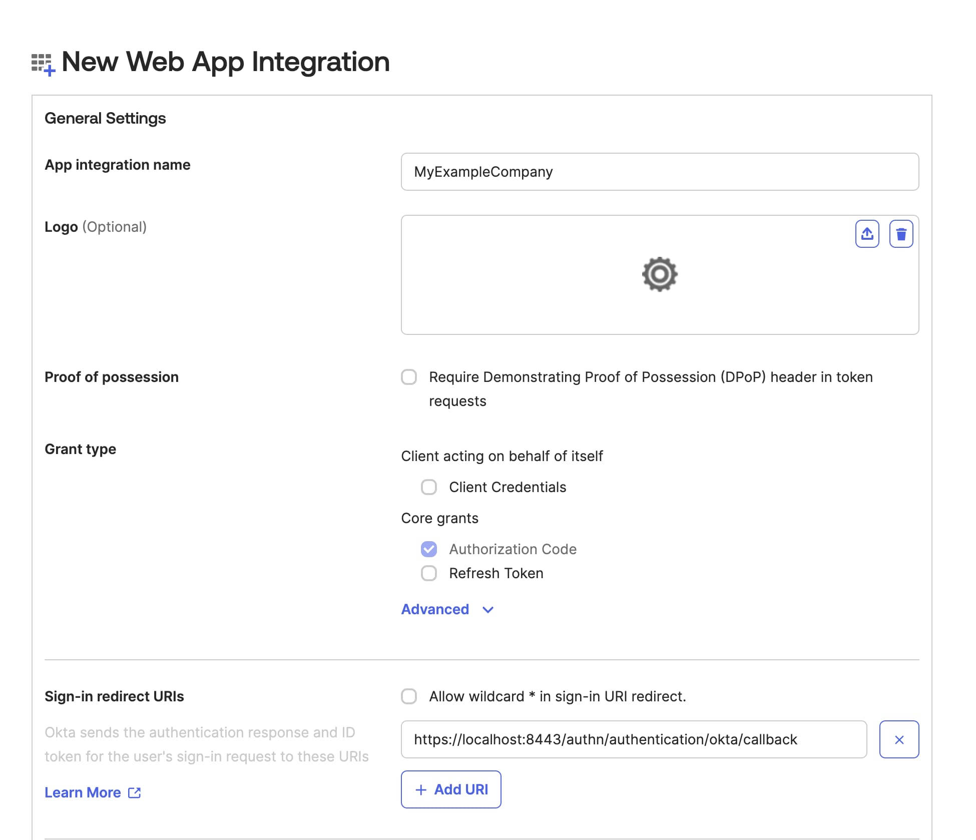 Configuration options for an App Integration in the Okta Admin Console