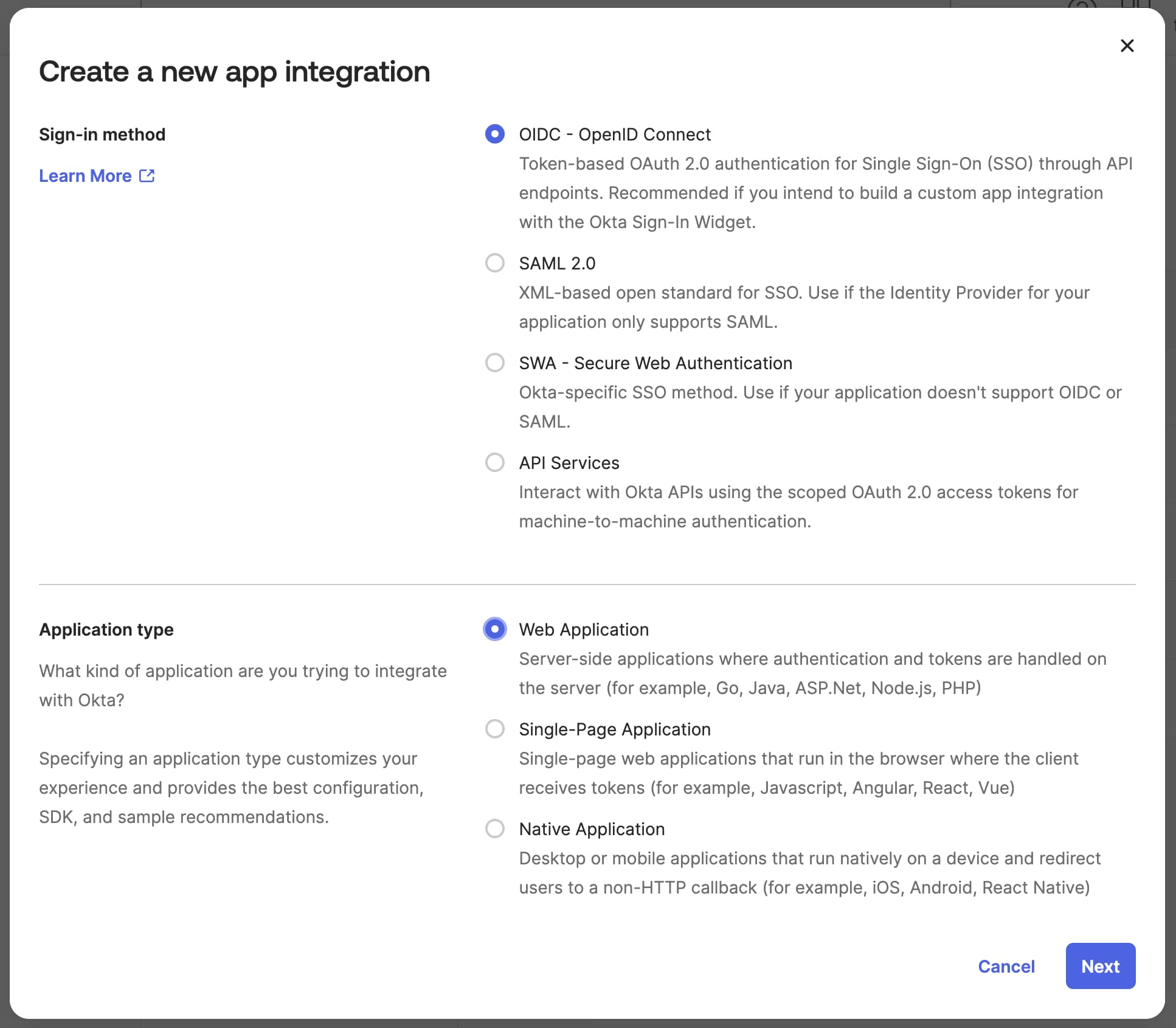 Application creation wizard in the Okta Admin Console