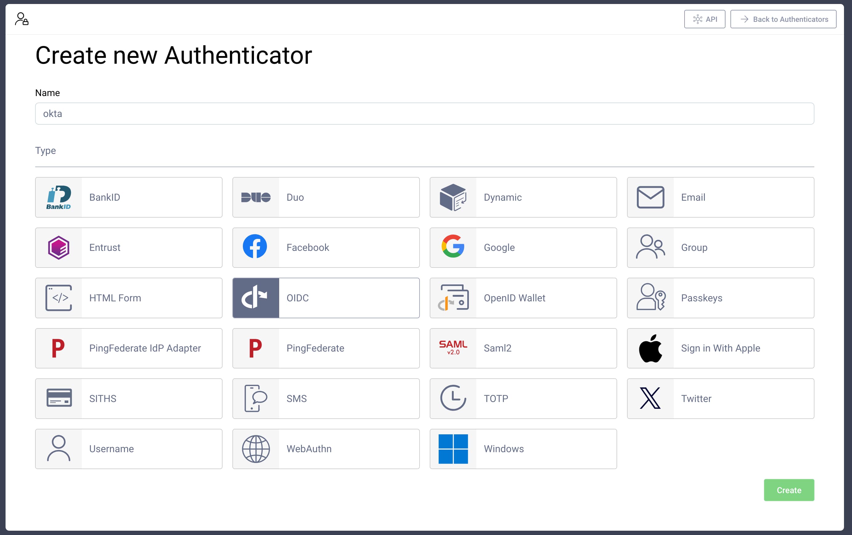 The form for creating a new authenticator