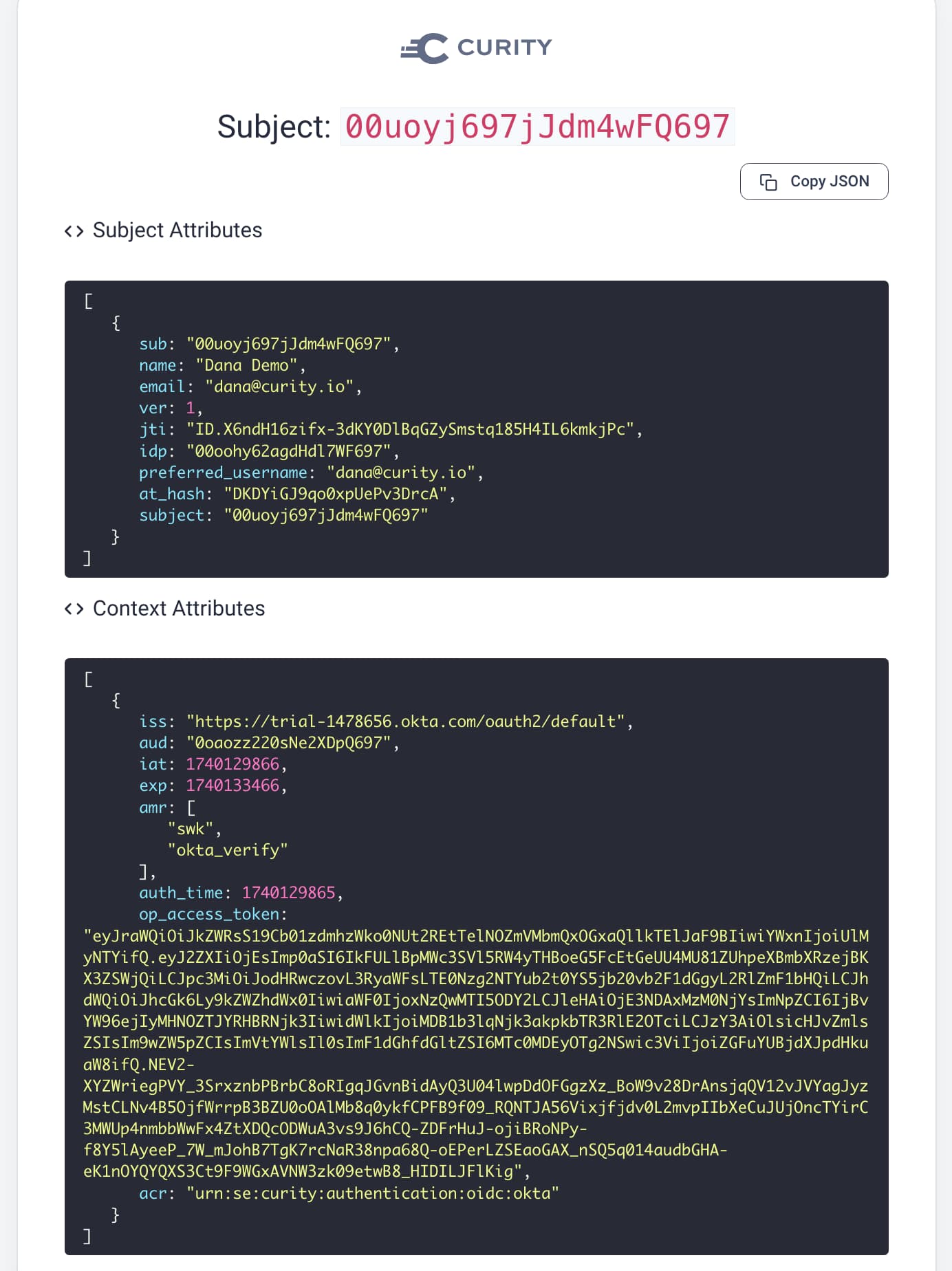 A view from the debug action showing attributes from an authentication performed using the Okta authenticator