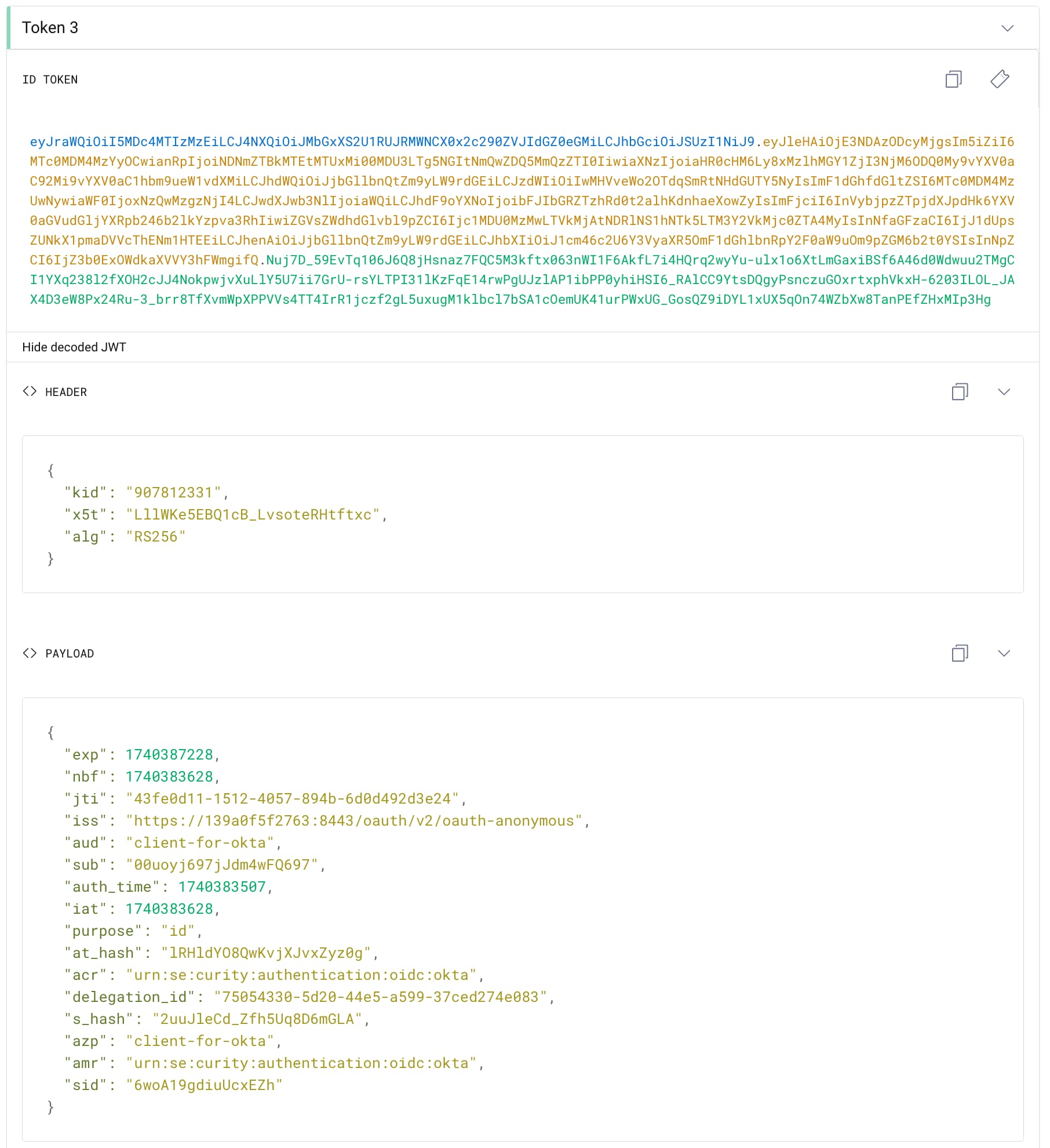 An example ID token obtained from the Curity Identity Server and its' claims