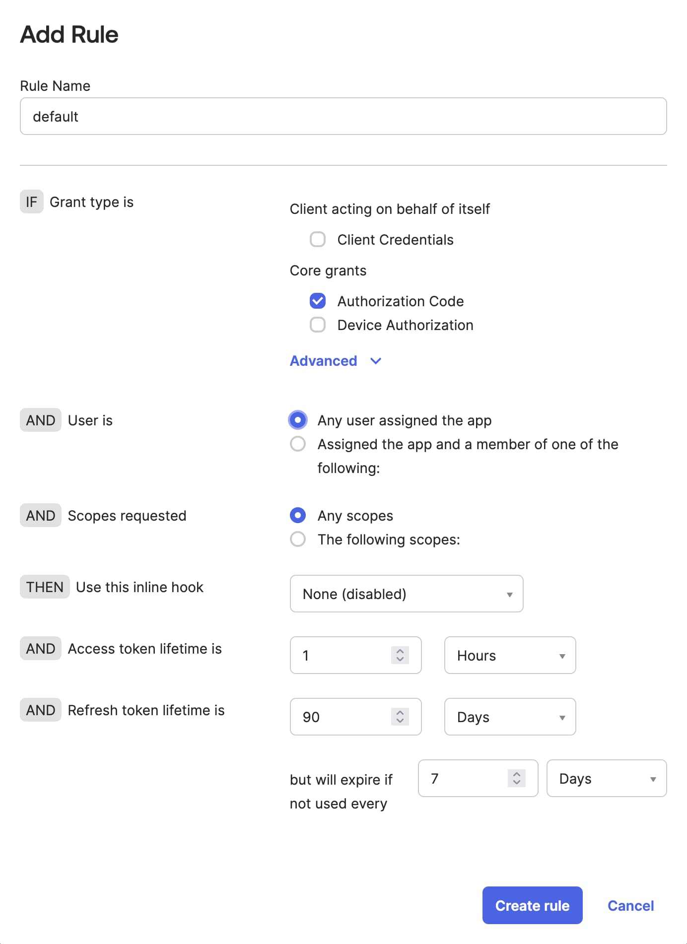 Form for adding a rule to an access policy in Okta Admin Console