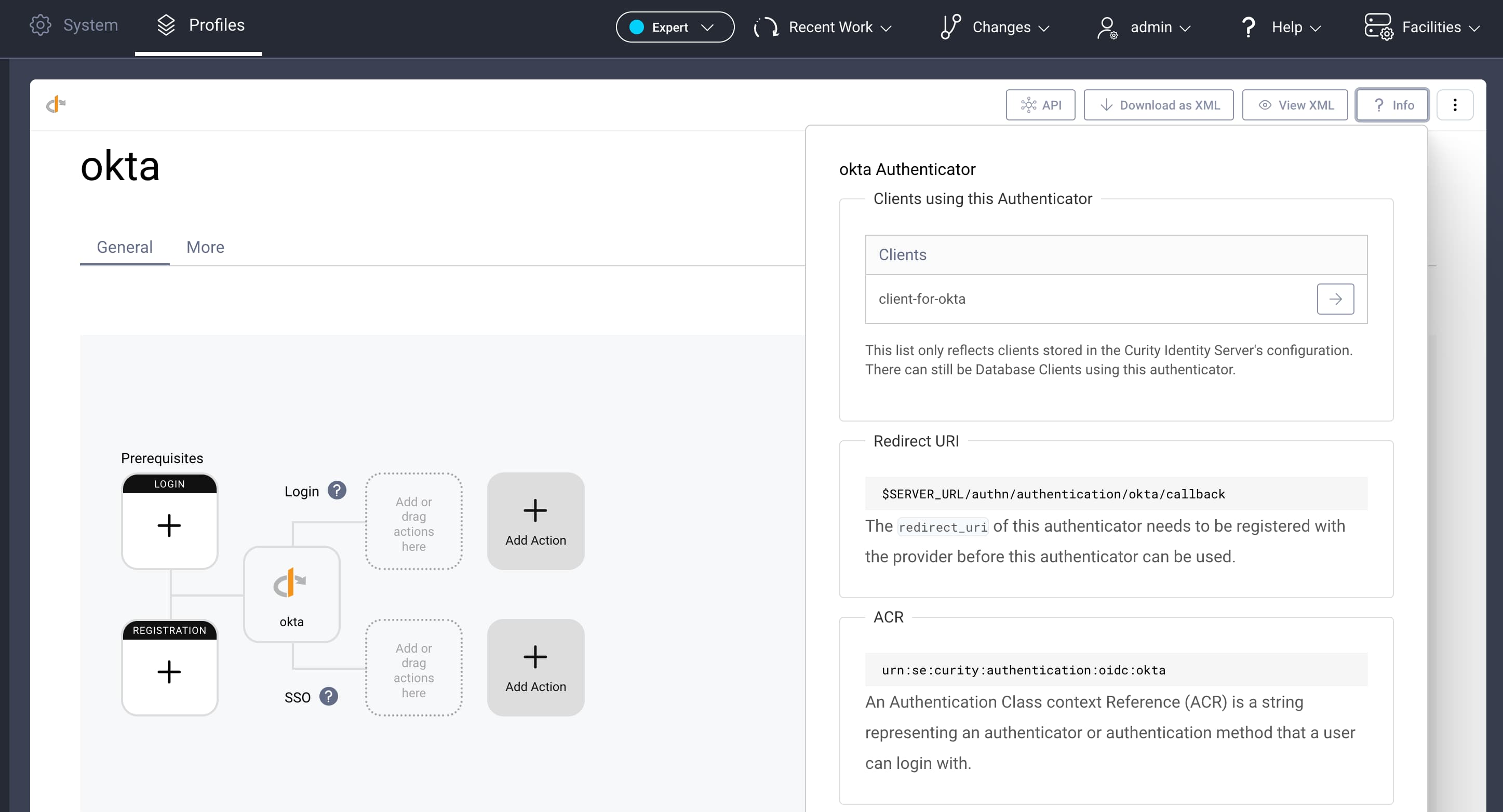 The Info popup for an OIDC authenticator that shows, among other, the redirect URI