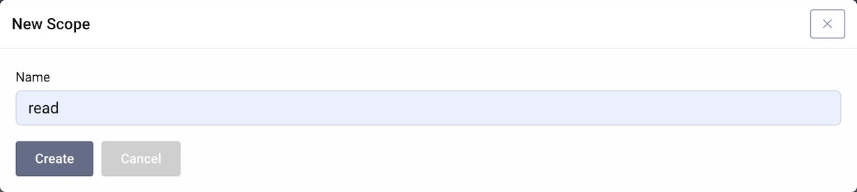 Window for creating new scopes in Admin UI of the Curity Identity Server. The window contains a label for the name of the new scope and two buttons, one for creating the scope, the other for cancelling the operation.