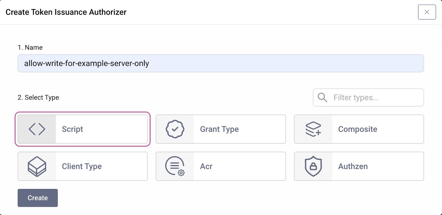 Screen of the Admin UI for creating a new Token Issuance Authorizer. The screen shows a label for the name and the options for the type of the Token Issuance Authorizer. The type "Script" is selected. Other options are Grant Type, Composite, Client Type, Acr and Authzen.
