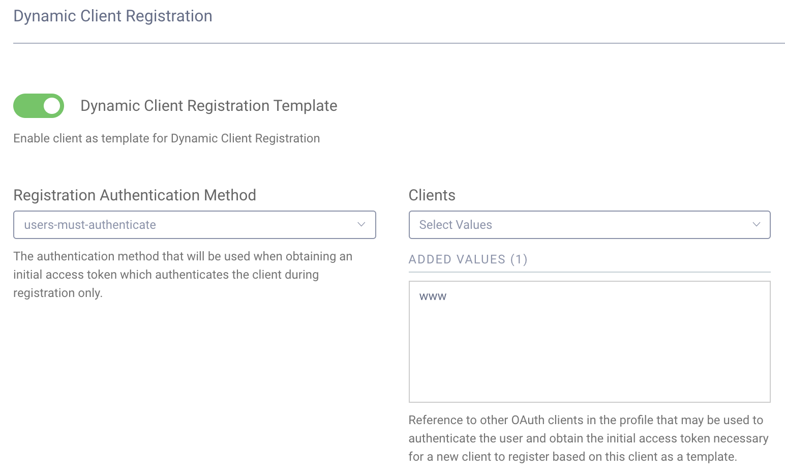 Dynamic Client Registration Configuration